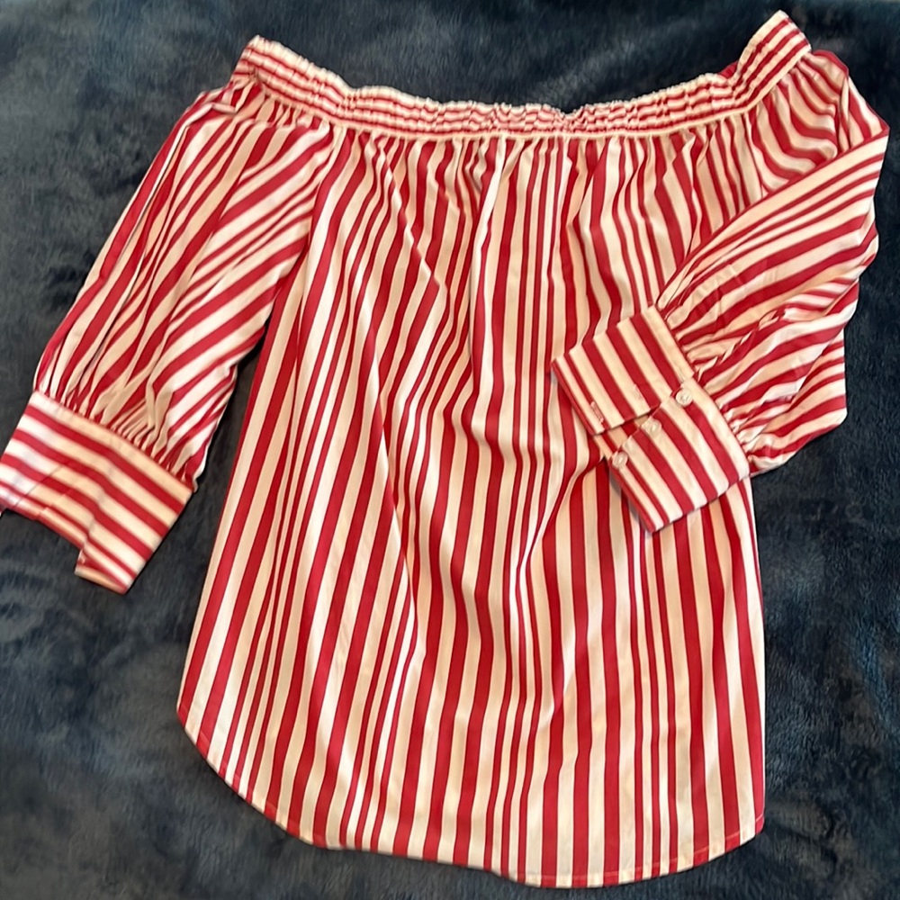 Who What Wear red/white stripe off shoulder Lg top